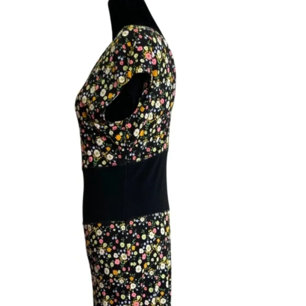 Tory Burch Sheath Dress Black Floral Short Sleeve with V-Neck S (Orig. $456)